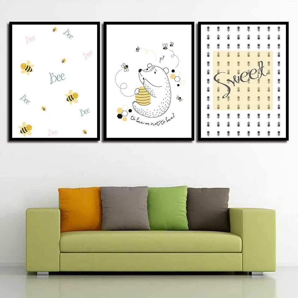 Wall Art Живопись на холсте мультфильмы украшения Гостиная пчелы медведя и сладкий