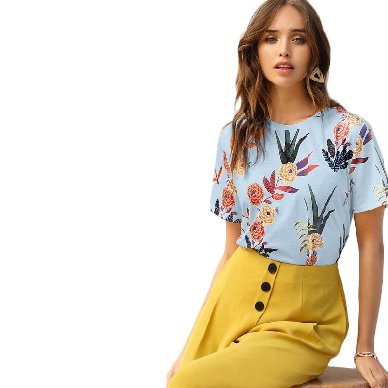 SHEIN Цветочная Футболка С Графическим Принтом Женский Летний Повседневный Топ С Короткими Рукавами И Круглым Вырезом