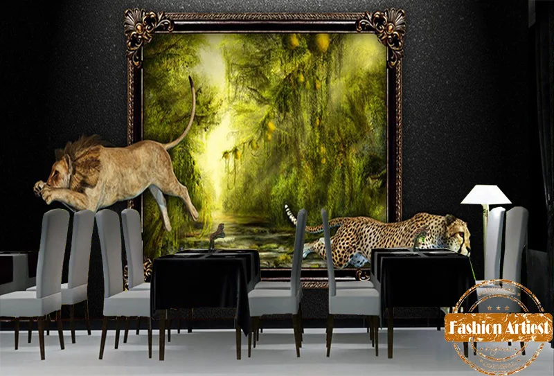 Custom 3d animal wallpaper mural lion leopard jump out of the wall tropical jungle tv sofa bedroom living room cafe restaurant |