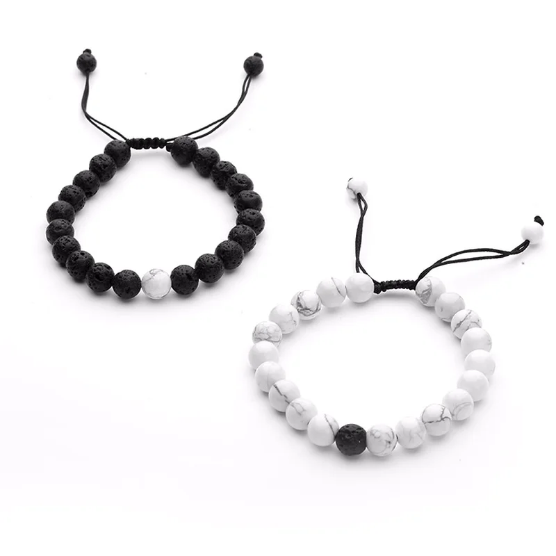 

2 Pcs Set Couples Distance Bracelet Natural Stone lava stone Yin Yang Beaded Woven Bracelets for Men Best Friend