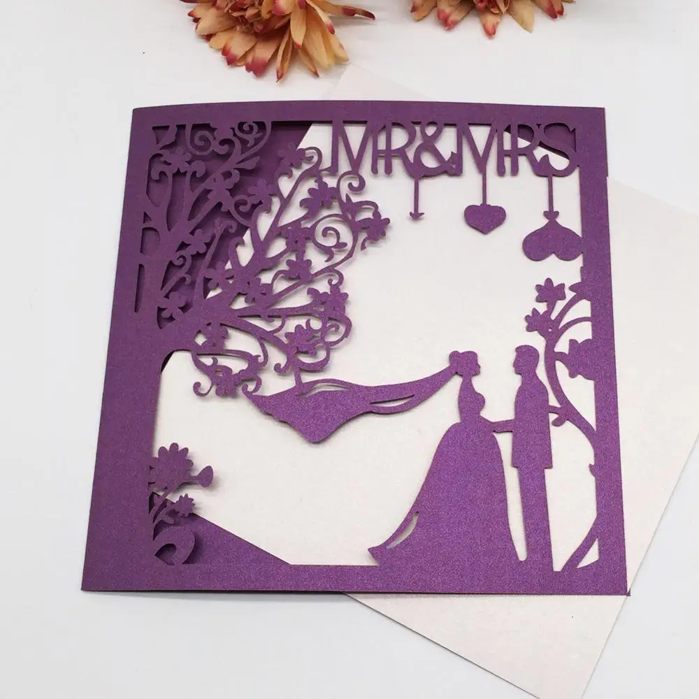 

100Pcs/Lot Bride&Bridegroom Wedding Invitations Laser Cut Wedding Card With Tree Design Wedding Anniversary Card