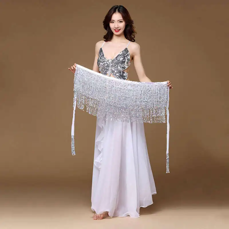 White top belt skirt 15 цветов женский костюм для танца живота топы с бабочками для тонких девочек танец живота блестки одежда с бюстгальтером пояс юбка - Цвет: White top belt skirt