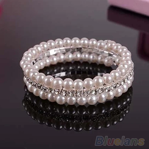 2014 Мода 2 ряда белый искусственный жемчуг горный хрусталь стрейч женские
