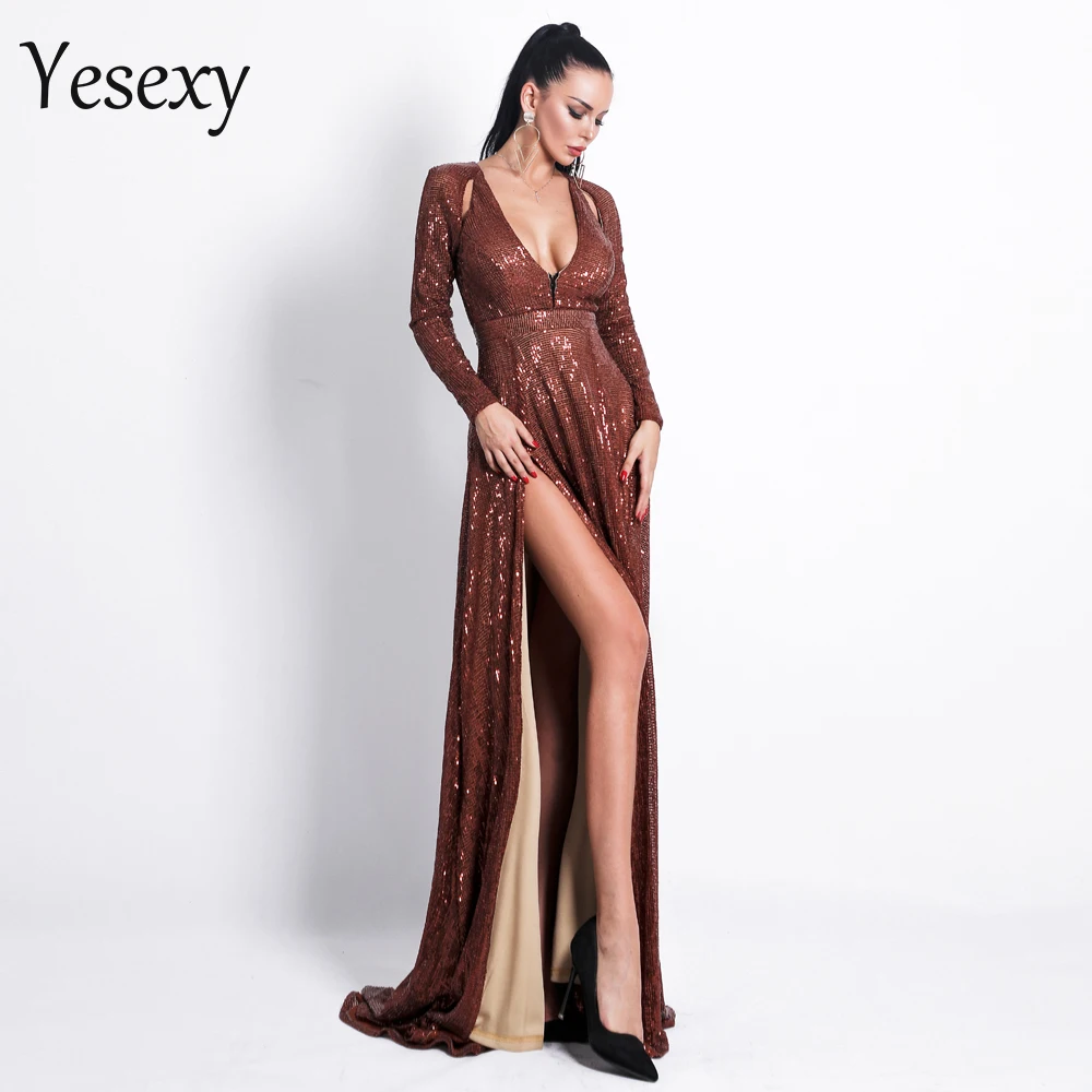 Yesexy 2020 женское сексуальное платье с глубоким v образным вырезом и длинным рукавом