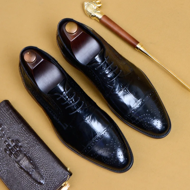 

Handmade Brock Carved Shoes Formal Mens Dress Genuine Leather Black Wine Red Brown Basic Lace-Up For Men Wedding Office Shoes
