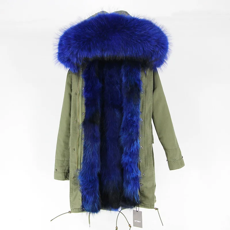 green blue OFTBUY, Длинная зимняя куртка, женская верхняя одежда, толстые парки, енот, натуральный мех, воротник, пальто с капюшоном, настоящая теплая подкладка из лисьего меха - Цвет: green blue