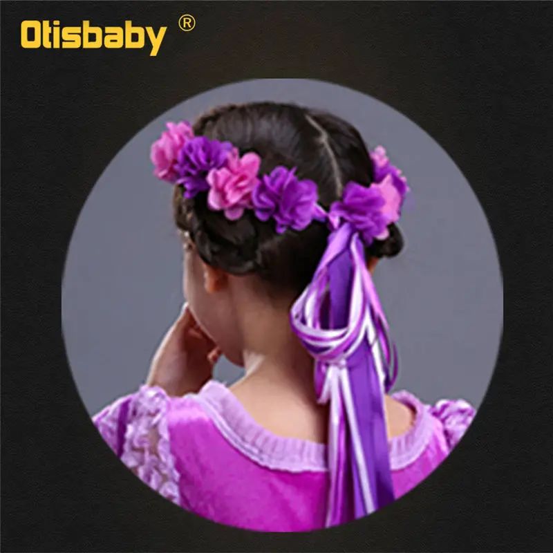 Flower Headband Новогодний костюм Рапунцель; платье принцессы Рапунцель; свадебное праздничное платье Рапунцель; рождественское платье для девочек; детское платье с оборками и цветочным рисунком - Цвет: Flower Headband