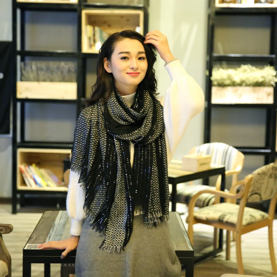 2019 новый модный дизайн черный шарф с блестками зима осень благородный основной