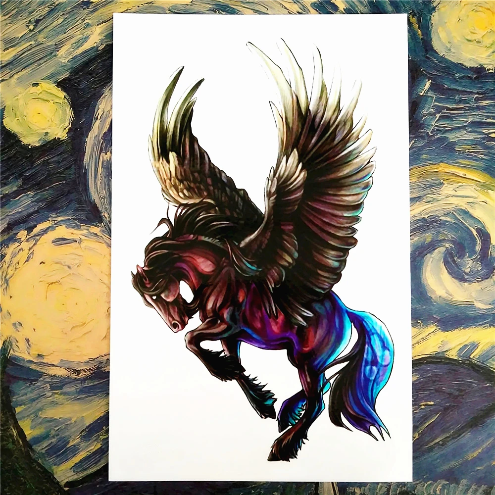 Черная временная татуировка Пегас лошадь боди-арт рукав флеш-татуировка