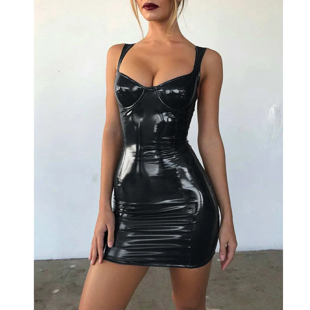 Sexy Slip Dress Summer Women Low Cut Breast Spaghetti Strap Mini Man Made Faux PU Leather Shiny Club Party Bodycon Dresses | Женская