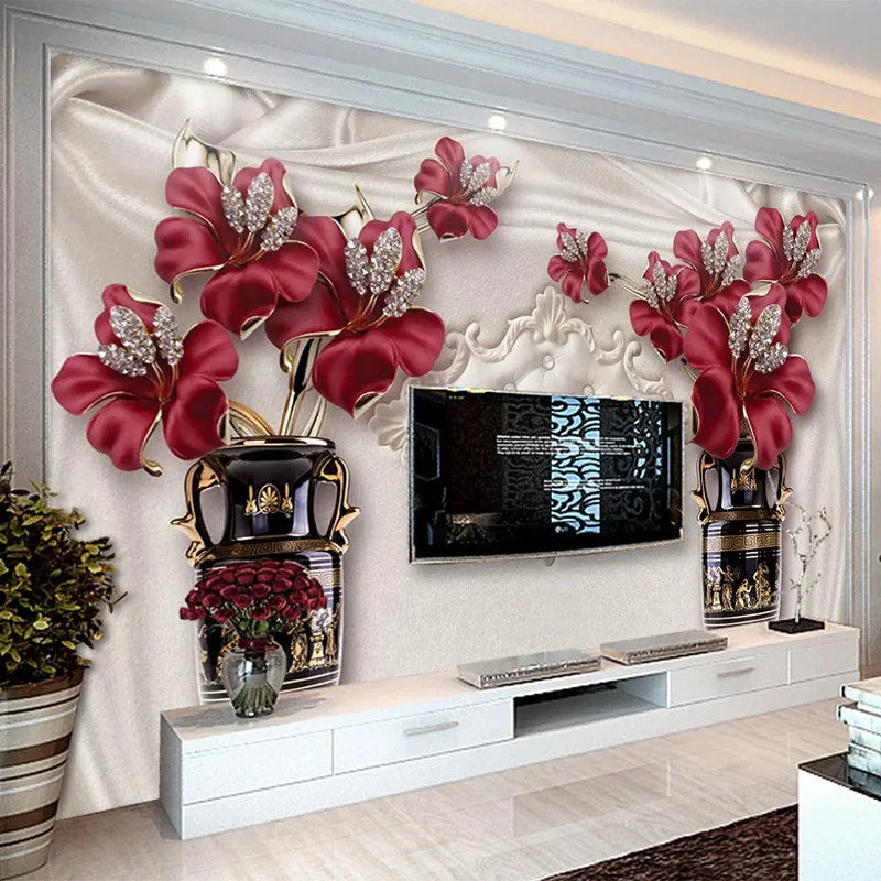 

Custom Mural Wallpaper European Style Flowers Vase Jewelry Luxury Home Decor Living Room TV Sofa Self-Adhesive Waterproof Fresco