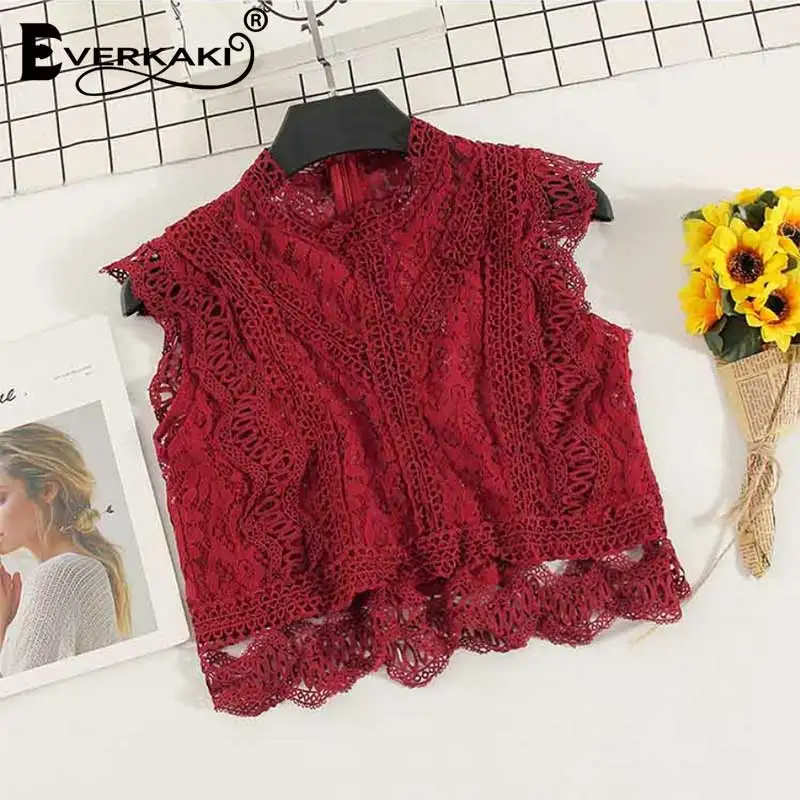 Wine Red Everkaki Кружевная футболка без рукавов Топ Женская богемная футболка с молнией сзади 7 цветов Короткие топы женские Лето Новинка - Цвет: Wine Red