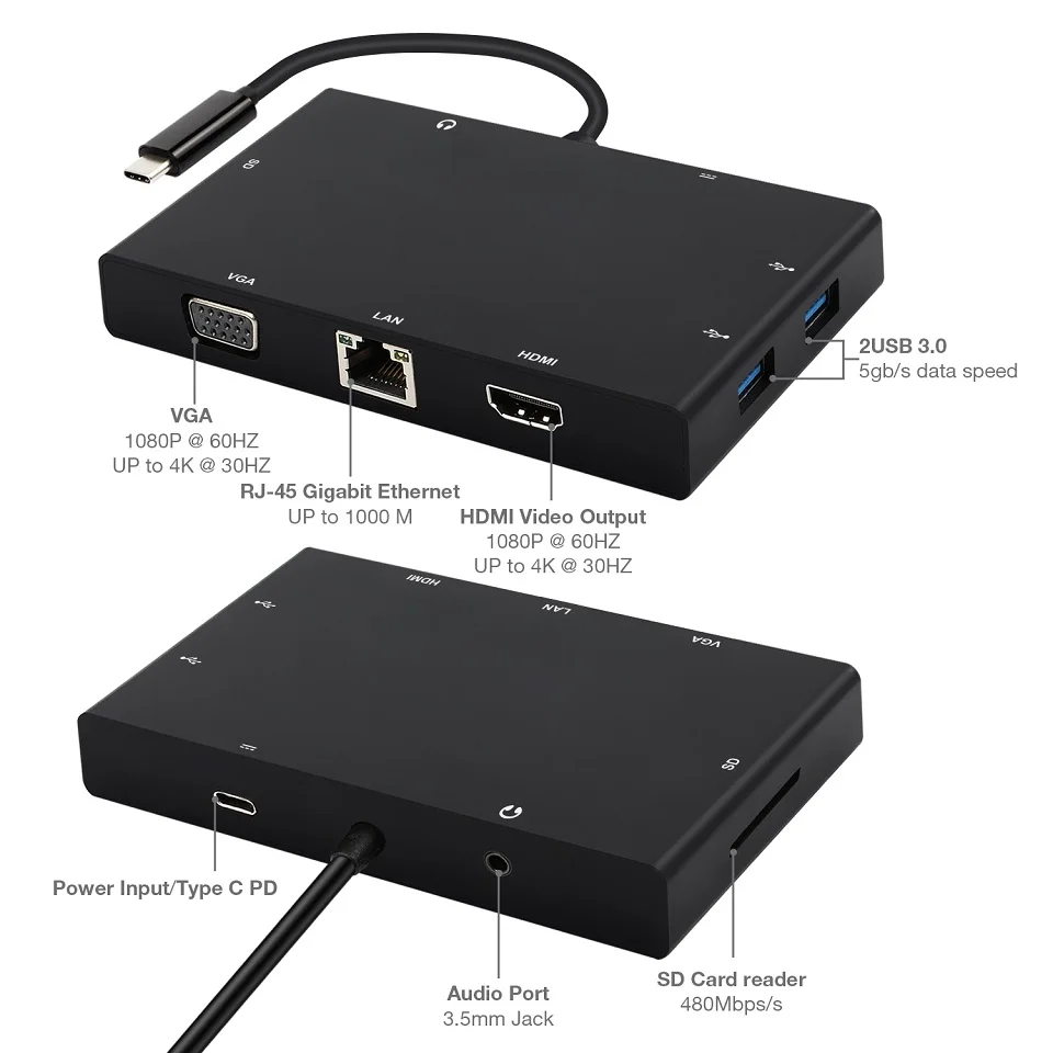 YUNCLOUND USB концентратор RJ45 Тип C к HDMI VGA LAN кардридер аудио PD зарядка 3 0 для Macbook Samsung S8 S9