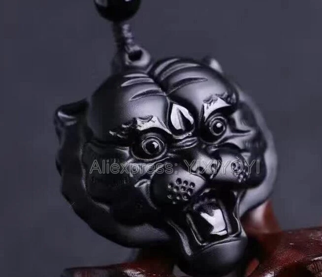 100% натуральный черный обсидиан резная китайская голова тигра кулон на удачу +