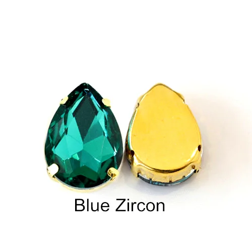 Blue-zircon Каплевидные стразы из разноцветного стекла с золотым клешом, хрустальные стразы для пришивания, блестящие стразы для одежды B1025 - Цвет: Blue-zircon