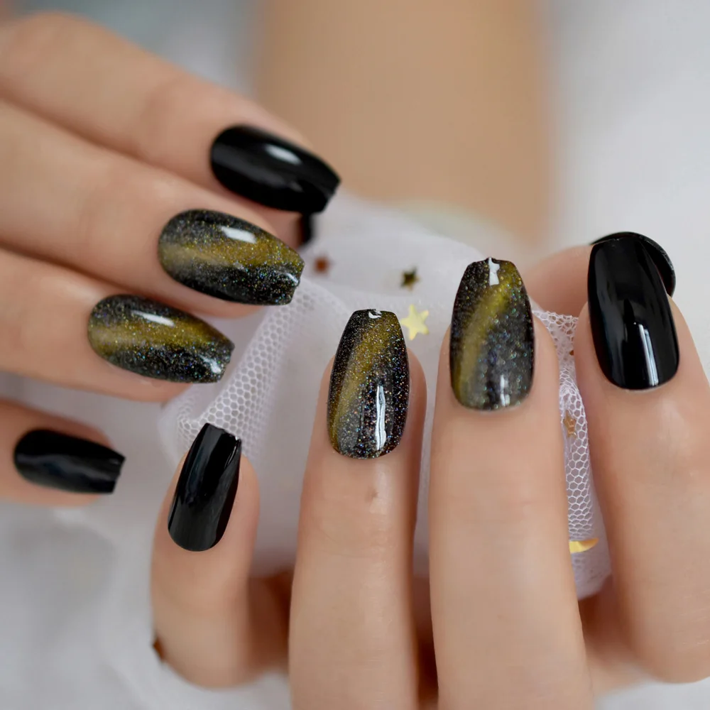 Галактика Искусственные ногти-кошачий глаз Гель-покрытие Золотое ночное небо Гробик Средний Черные Изготовленные наконечники для ногтей.