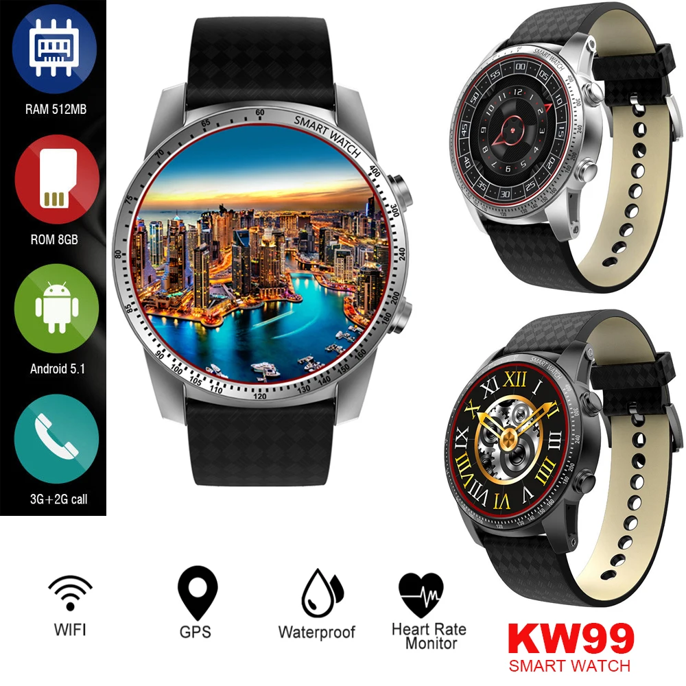 KW99 3G Smartwatch Phone Android 5.1 MTK6580 Quad Core 8GB ROM Heart Rate Monitor Pedometer GPS Anti-lost Smart Watch | Электроника