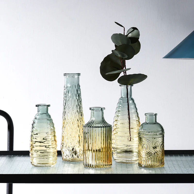 

Small fresh glass vase home decoration retro embossed colorful glass vase living room desktop decoration small vase ornament