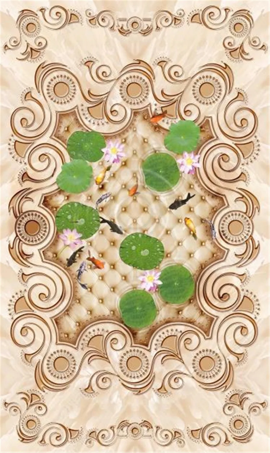 

3d Wallpaper Luxury European Pattern Lotus Lithium Fish Marble 3D Floor Wallpaper Atmosphere Decoration Wallpaper