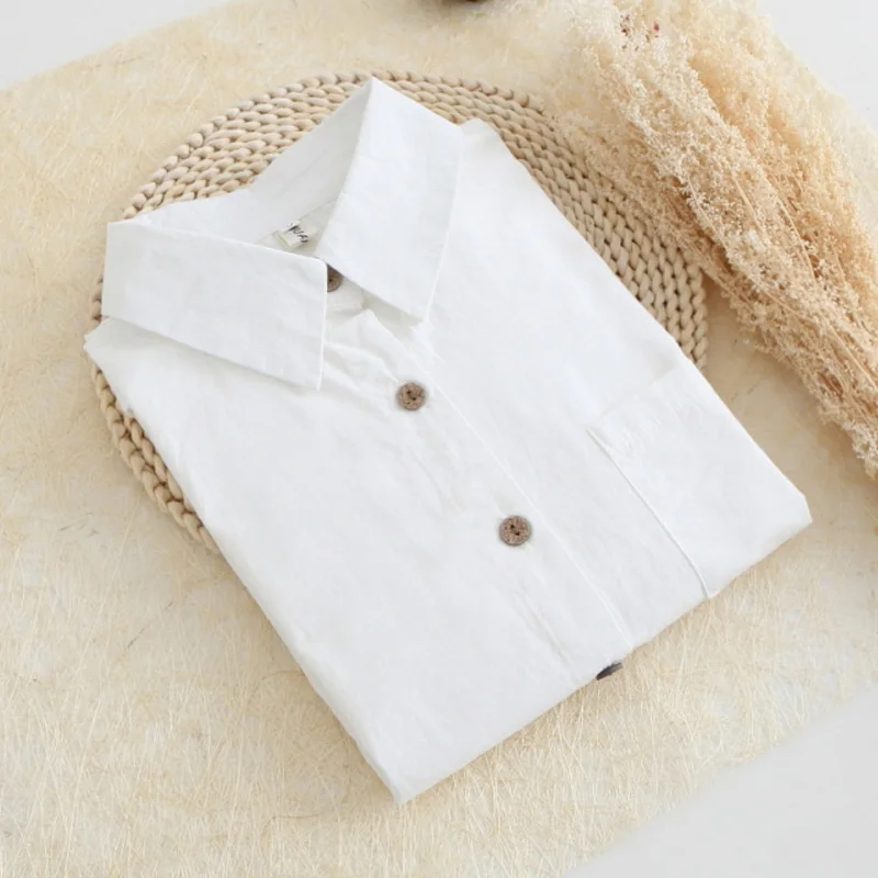 Wooden-Normal Collar Белая блузка Женская рабочая одежда на пуговицах, кружевной отложной воротник, длинный рукав, хлопок, топ, рубашка размера плюс S-XXL, blusas feminina T56302 - Цвет: Wooden-Normal Collar