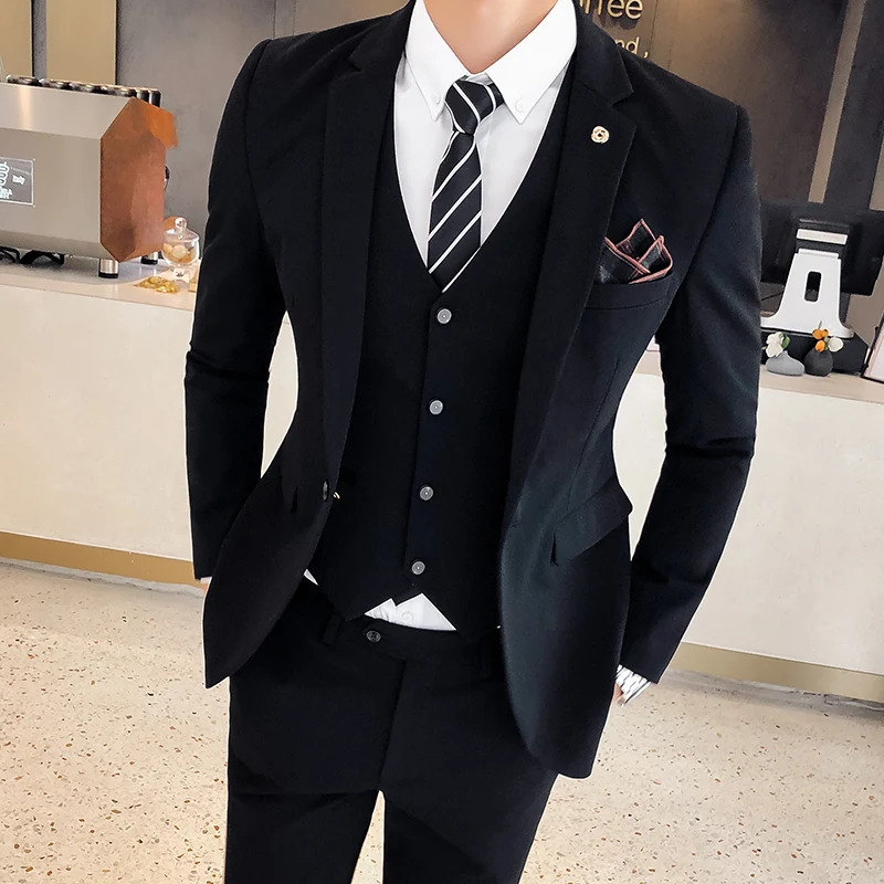 

(Jackets + Vest + Pants) Men Suit Prom Tuxedo Slim Fit 3 Piece Groom Wedding Pure cotton Suits For Men Custom business Blazer