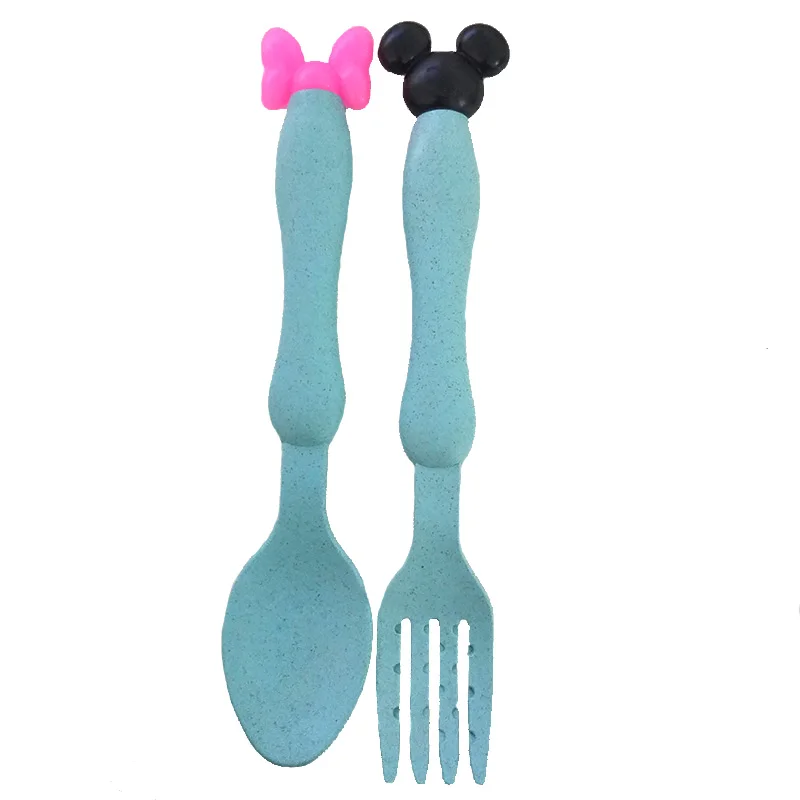 blue spoon fork Миска Rosiky из пшеничной соломы, детский набор посуды с рисунком из мультфильма, детская обеденная тарелка, детская тренировочная миска, 1 шт., миска, ложка, вилка для детей - Цвет: blue spoon fork
