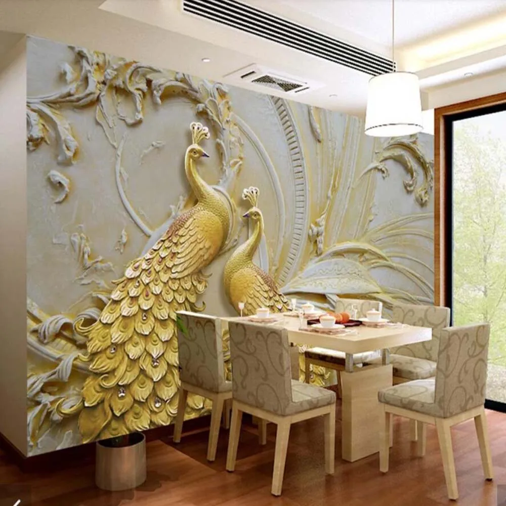 

3D Embossed Gold Peacock Wallpaper Mural Art Wall Decals HD Printed Photo Wall Paper Papel De Parede Animal Wallpapers Murals