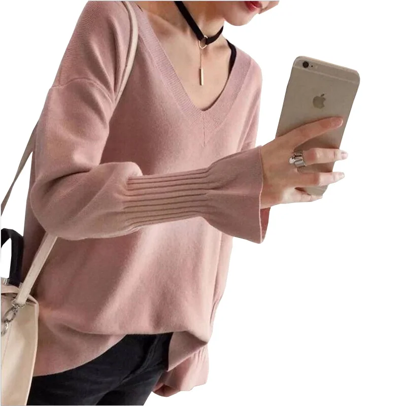 2019 women's sweater winter v-neck candy color loose wool warm pullovers blouse | Женская одежда