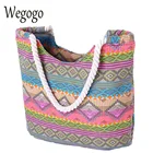 Женская сумка Wegogo, винтажная разноцветная Холщовая Сумка в стиле бохо, повседневная дорожная большая сумка на плечо, сумка для покупок в полоску, пляжная сумка