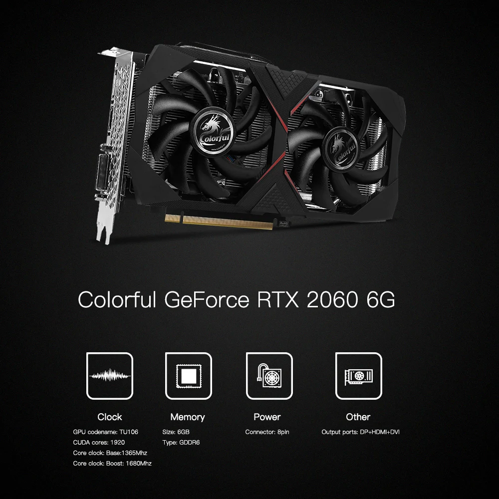 Красочные GeForce RTX 2060 6G графическая карта Nvidia GDDR6 GPU игровая видеокарта 1365-1680 МГц PCI-E 3,0 placa de видео для ПК
