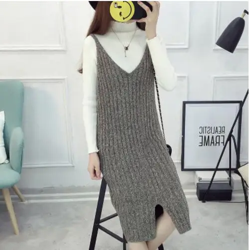 coffee vest dress Fdfklak Vestidos Новое сексуальное платье без рукавов с v-образным вырезом женское вязаное шерстяное платье Студенческая Повседневная одежда женские платья - Цвет: coffee vest dress