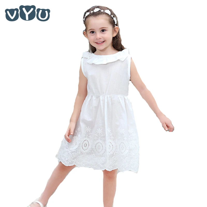 VYU girls dress 2020 spring and summer cotton openwork lace white Vestido open back bow baby girl hot | Детская одежда и обувь