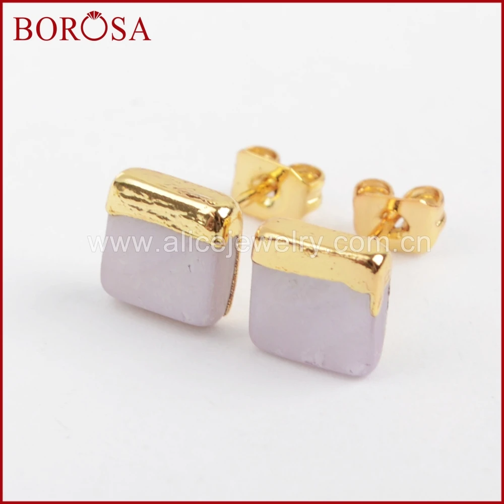 

BOROSA Wholesale Gold Color 7mm Square Natural White Shell Stud Earrings for Women, Fashion Druzy Stud Earrings Jewelry G1363