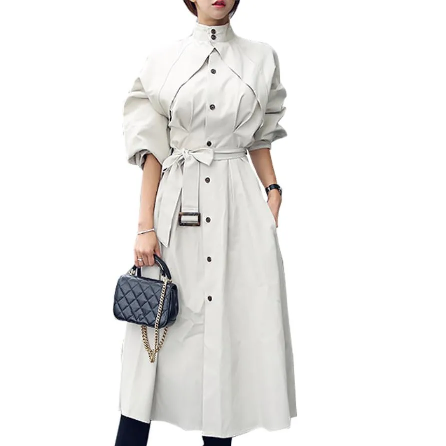 2021 New Spring fashion Stand Collar Long Sleeve Personality Wiast Tie Loose single breasted Women trench Coat | Женская одежда