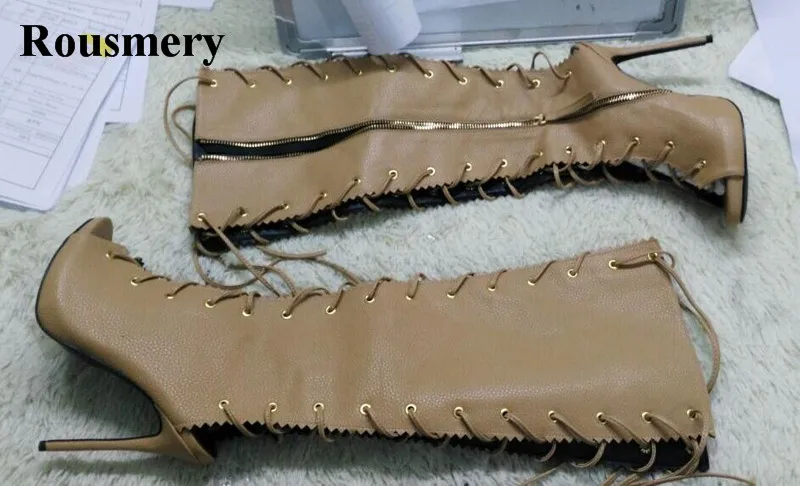 

Женские ботинки с открытым носком, на шнуровке, до середины икры