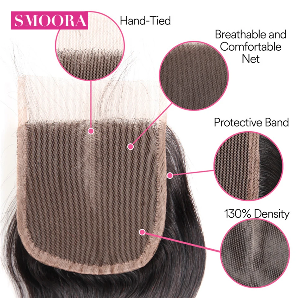 Smoora бразильские тела волна волосы Кружева Закрытие 4*4 свободная часть средняя