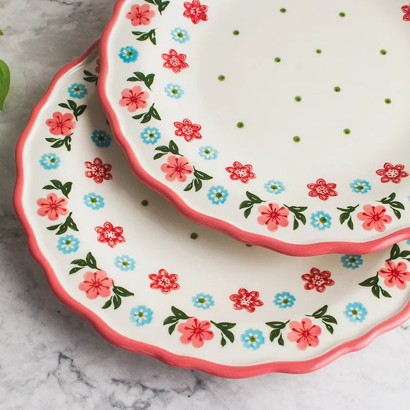 

Vintage Plate Food Container Ceramic Tray Floral Cutlery Soup Bowl Dessert Flat Straw Hat Plate Delica Cake Sushi Utensil 1pcs