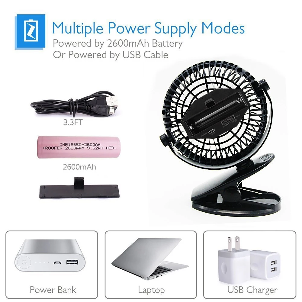 New USB Fan Mini Clamp Desktop Silent 360-degree rotating fan Rechargeable Battery and 2600mAh for Cart 4.9 Feet | Бытовая техника