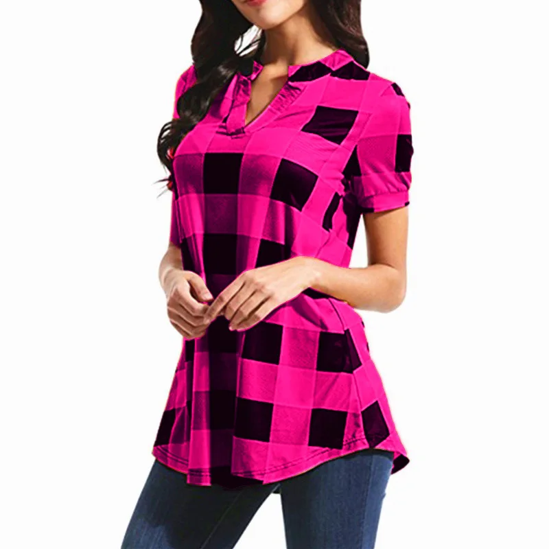Plus Size 5XL Women Blouses and Tops New Summer Short Sleeve Vintage Plaid Blouse Ladies Shirt Casual Loose Blusa Mujer |