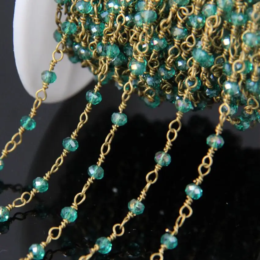

Small Titanium AB Green glass beads Faceted Rondelle Chains,Wire Wrapped Rosary Chain Necklace Charms Women Jewelry supplies