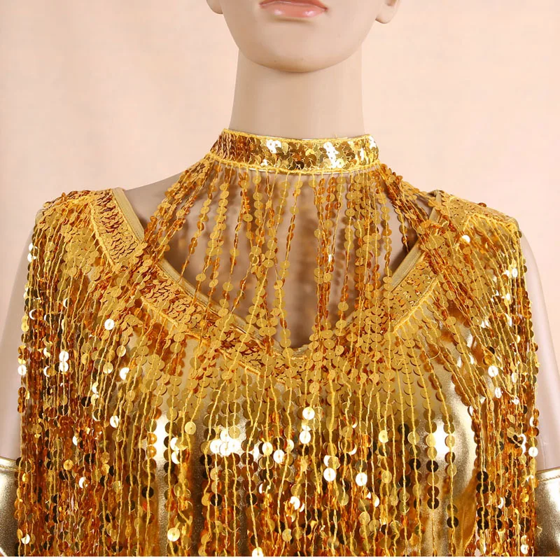 

BLINGSTORY Europe Three Pieces Sequin Adult Performance Ballroom Dance Competition Dresses Latin Tassel Dress Gold