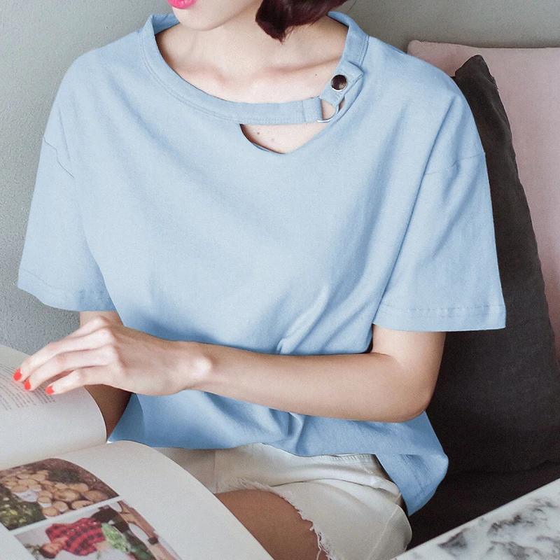 Slash Neck Casual Loose Chocker T shirt Women Europe America Cotton t-shirt new Summer Black White Womans Tops tshirts | Женская одежда
