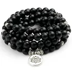 Модный дизайн энергетический натуральный матовый камень черный оникс Mala браслет 108 бусин для женщин и мужчин браслет Lotus Wing Charm Yoga Jewelry