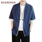 Мужская рубашка в китайском стиле KUANGNAN, однотонная Повседневная хлопковая уличная рубашка с рукавом до локтя, кимоно, Мужская одежда, новинка 2019