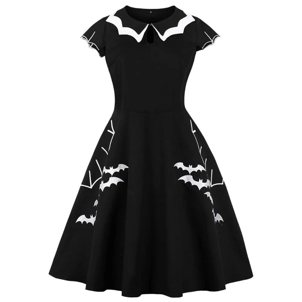 

Gothic Punk Party Dresses Women Summer Swing Vestidos Plus Size Clothing 5XL Black Bat Embroidery Vintage Retro Halloween Dress