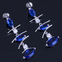 impressive long marquise blue cubic zirconia white cz silver plated drop dangle earrings v0793
