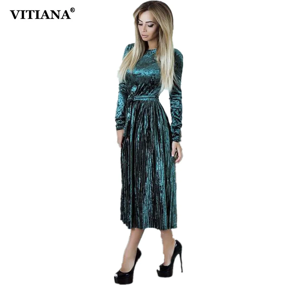 VITIANA Women Maxi Long Casual Velvet Dress Female Autumn Green Blue Sleeve Winter Vintage Elegant Pleated Party Dresses|Женские платья|