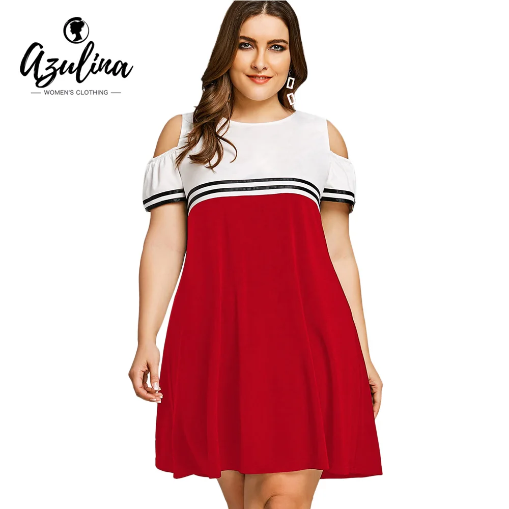 AZULINA плюс Размеры 5XL открытыми плечами двойной платье в полоску с круглым вырезом