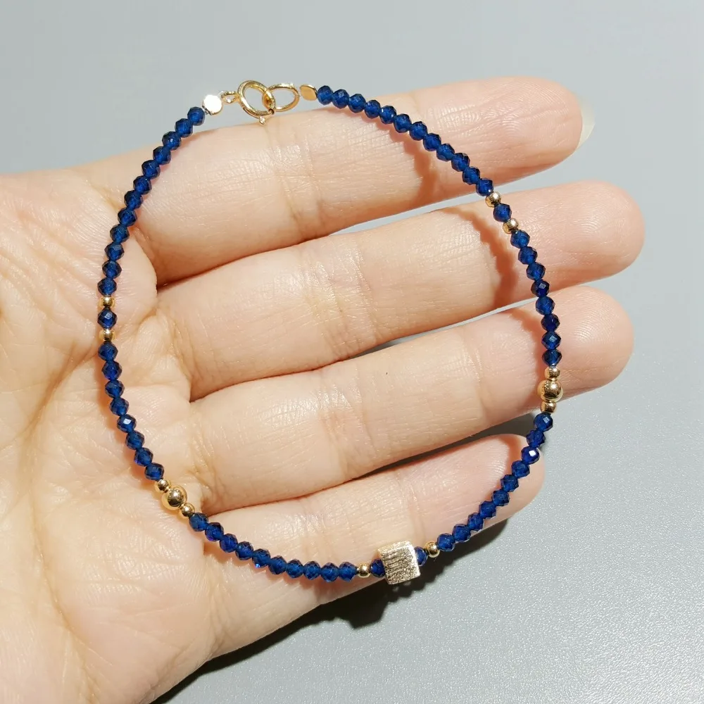 Lii Ji Lab-Created сапфир 2 мм бусины с 925 пробы серебро 18 К позолоченный матовый куб нежный браслет