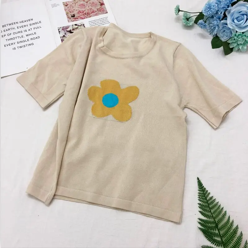 apricot Женские трикотажные однотонные тонкие футболки с круглым вырезом и коротким рукавом для девочек, вязаные большие эластичные свободные футболки, топы FL1369 - Цвет: apricot